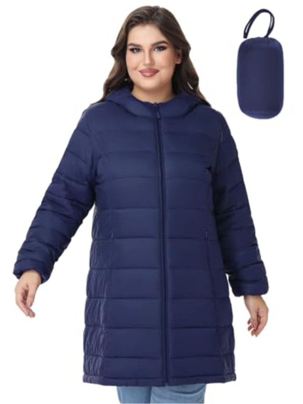 Plus Size Packable Puffer Jacket Water Repellent Quilted Thigh Length Hooded